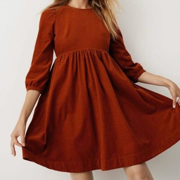 Madewell Corduroy Puff-Sleeve Mini Dress Burnt Orange Pockets  Sz L - Picture 2 of 14